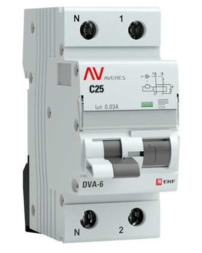DVA-6 1P+N 25А (C) 30мА (AC) 6кА  AVERES (rcbo6-1pn-25C-30-ac-av). Автоматический выключатель дифференциального тока. EKF в Ельце