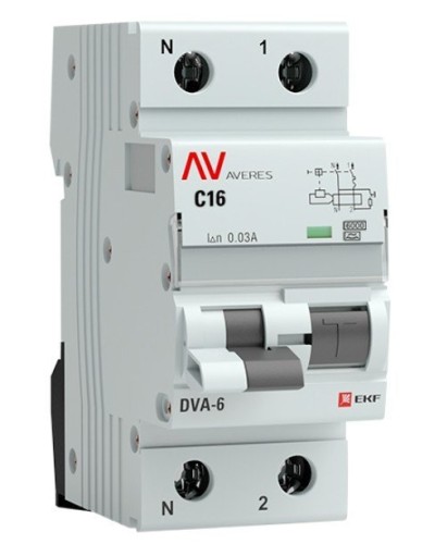 DVA-6 1P+N 16А (C) 30мА (AC) 6кА  AVERES (rcbo6-1pn-16C-30-ac-av). Автоматический выключатель дифференциального тока. EKF в Ельце